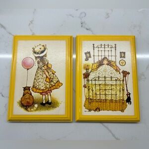 Pair of Holly Hobbie with Cats Sunny Yellow Carleton Cards Wall Plaques 1974